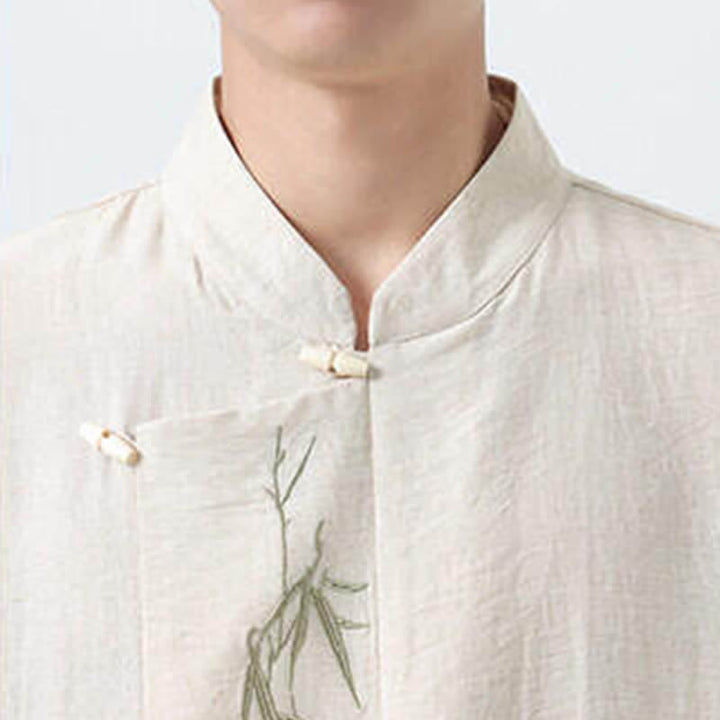 Buddha Stones Camisas de manga larga para hombre estilo Spring Tang vintage con cuello mandarín, botones de rana y bordado de bambú. - image 24