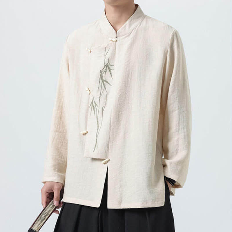 Buddha Stones Camisas de manga larga para hombre estilo Spring Tang vintage con cuello mandarín, botones de rana y bordado de bambú. - image 18