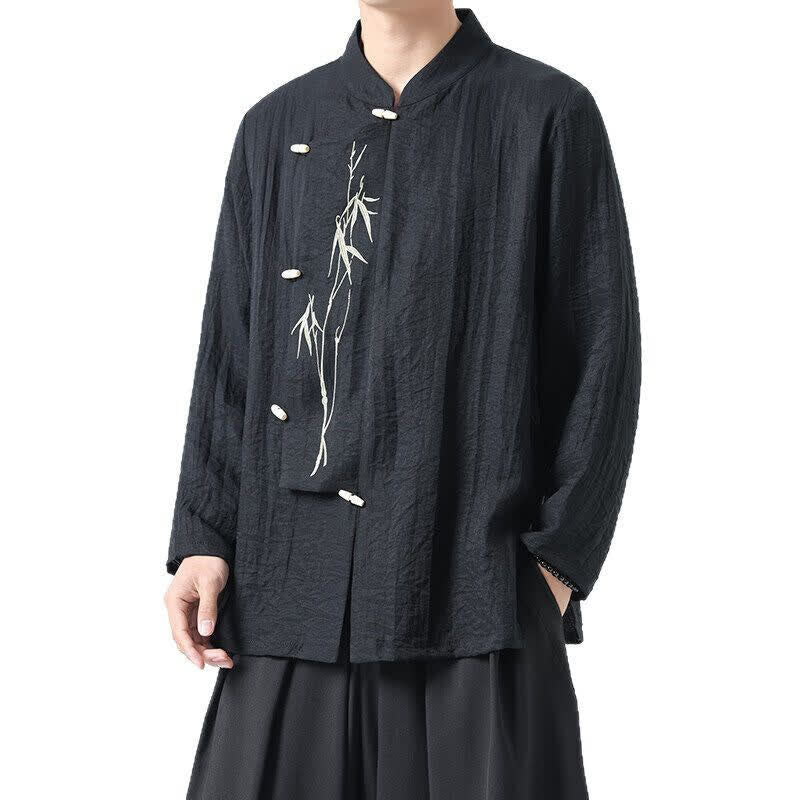Buddha Stones Camisas de manga larga para hombre estilo Spring Tang vintage con cuello mandarín, botones de rana y bordado de bambú. - image 8