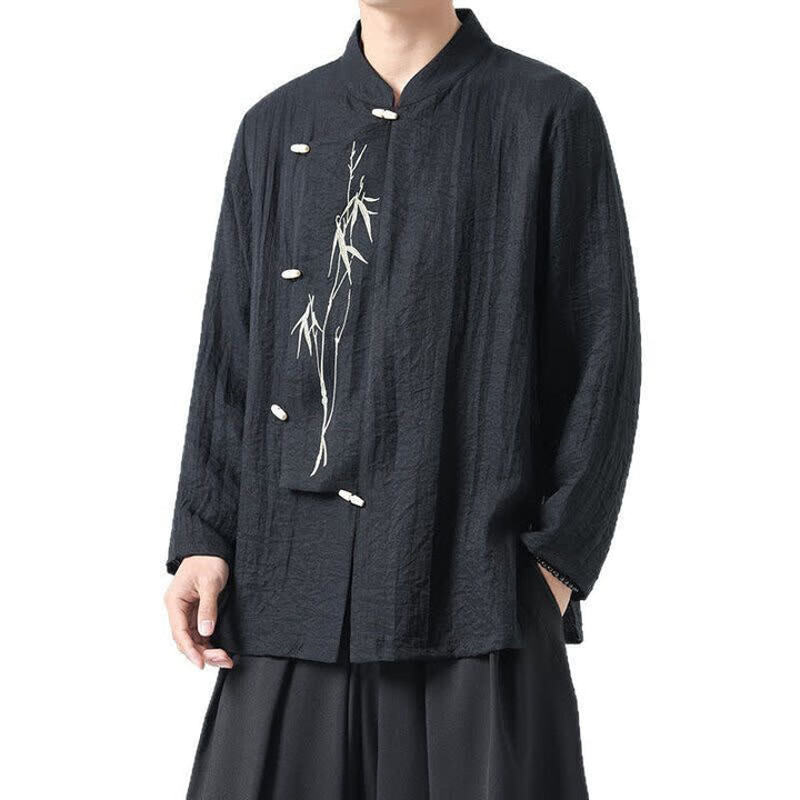 Buddha Stones Camisas de manga larga para hombre estilo Spring Tang vintage con cuello mandarín, botones de rana y bordado de bambú. - image 8