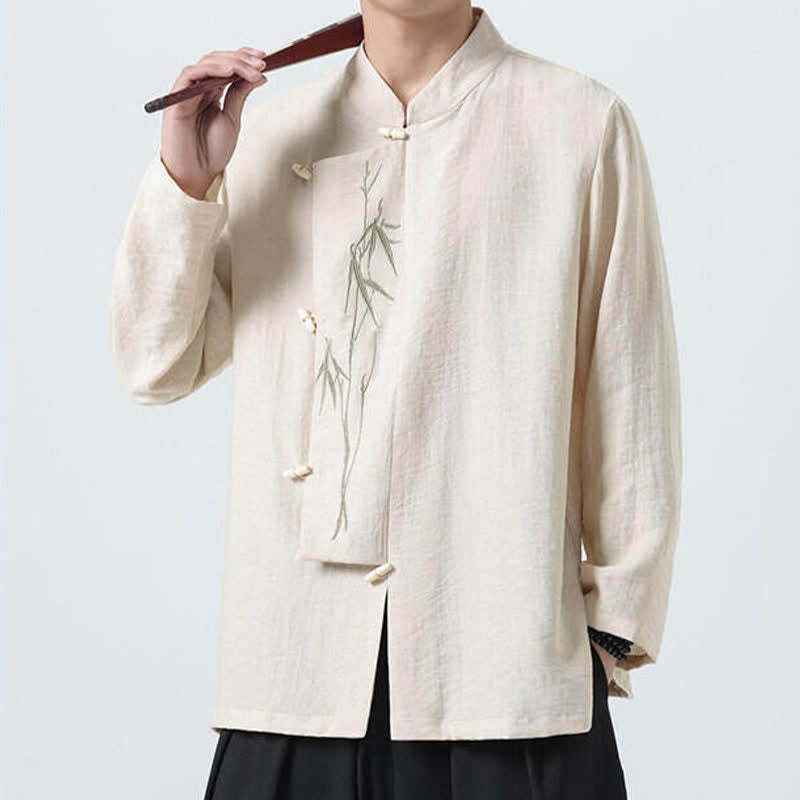 Buddha Stones Camisas de manga larga para hombre estilo Spring Tang vintage con cuello mandarín, botones de rana y bordado de bambú. - image 22