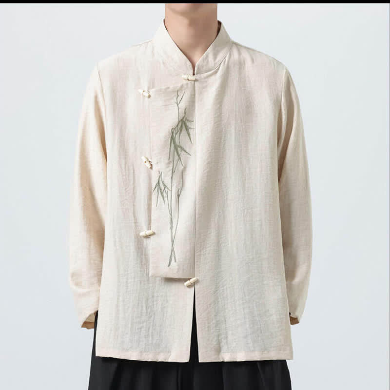 Buddha Stones Camisas de manga larga para hombre estilo Spring Tang vintage con cuello mandarín, botones de rana y bordado de bambú. - image 19