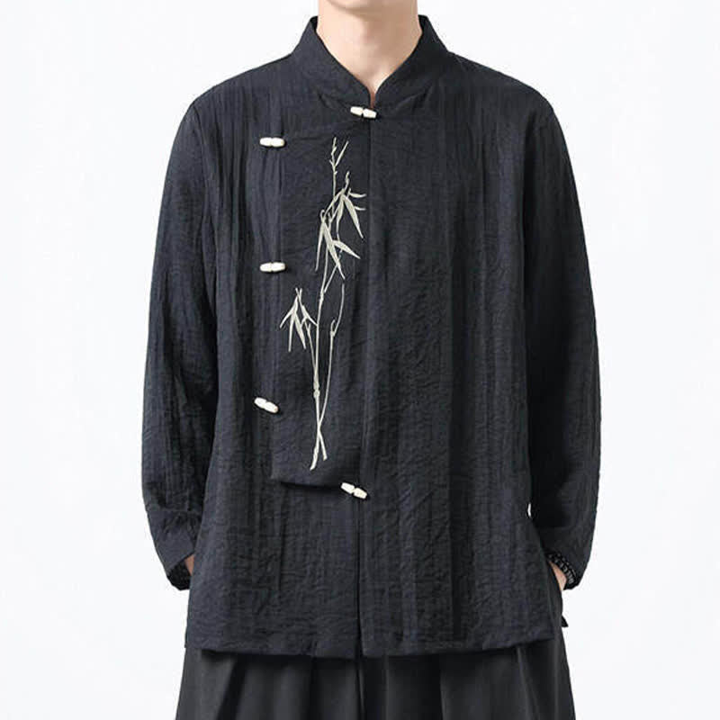 Buddha Stones Camisas de manga larga para hombre estilo Spring Tang vintage con cuello mandarín, botones de rana y bordado de bambú. - image 7