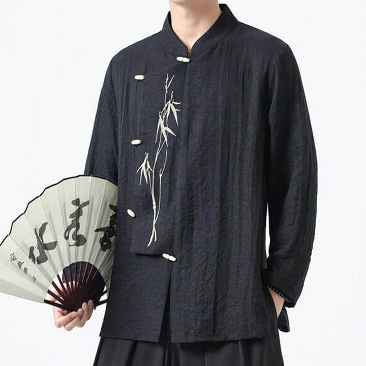 Buddha Stones Camisas de manga larga para hombre estilo Spring Tang vintage con cuello mandarín, botones de rana y bordado de bambú. - image 6