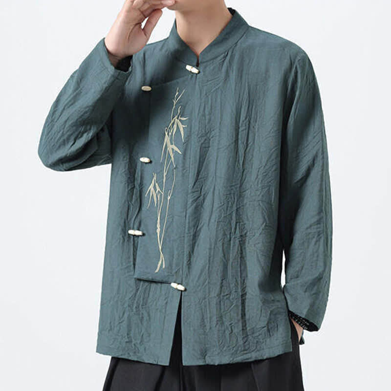Buddha Stones Camisas de manga larga para hombre estilo Spring Tang vintage con cuello mandarín, botones de rana y bordado de bambú. - image 2