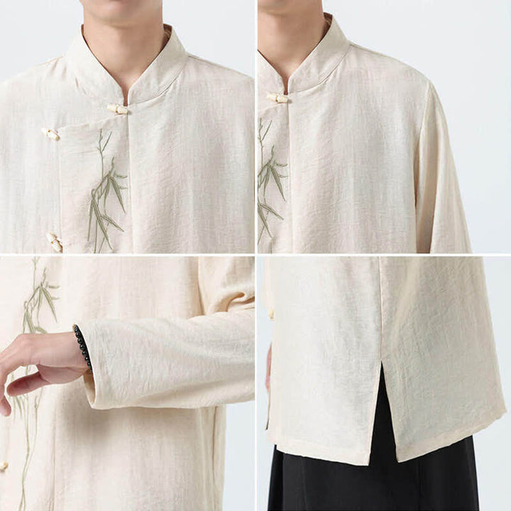 Buddha Stones Camisas de manga larga para hombre estilo Spring Tang vintage con cuello mandarín, botones de rana y bordado de bambú. - image 25