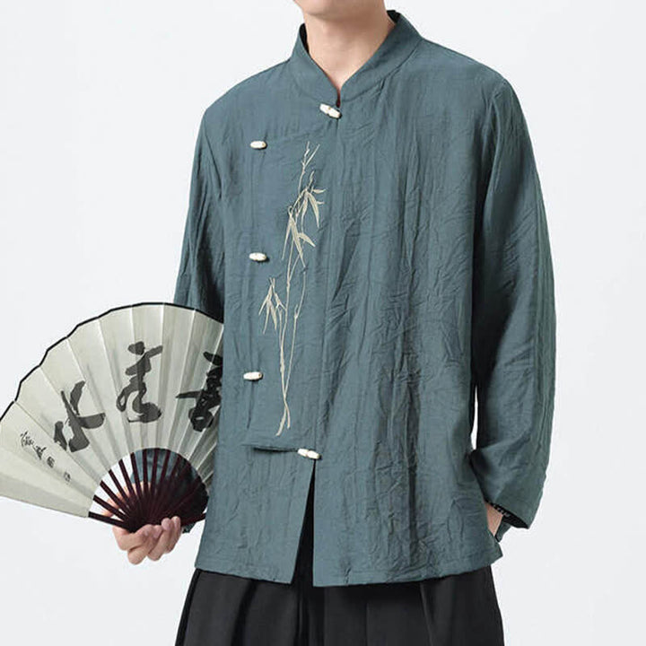 Buddha Stones Camisas de manga larga para hombre estilo Spring Tang vintage con cuello mandarín, botones de rana y bordado de bambú. - Azul cadete - US/UK/AU46, EU56 (5XL) - image 0