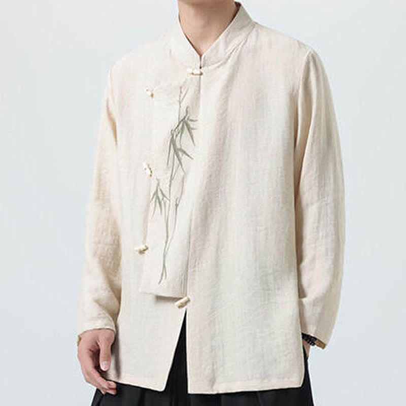 Buddha Stones Camisas de manga larga para hombre estilo Spring Tang vintage con cuello mandarín, botones de rana y bordado de bambú. - image 23