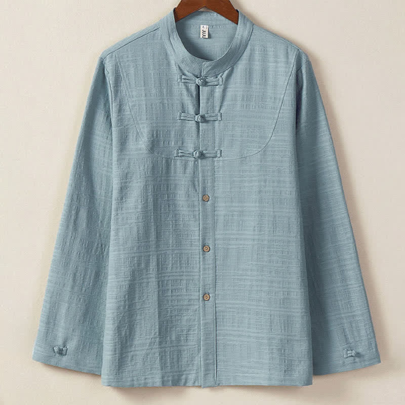 Buddha Stones Camisas de manga larga para hombre, estilo Tang vintage, con cuello mandarín y botones de rana, color liso, ideales para otoño e invierno. - Azul acero claro - US/UK/AU46, EU56 (5XL) - image 0