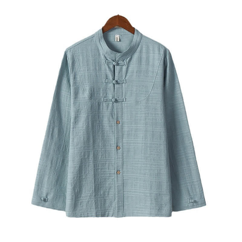 Buddha Stones Camisas de manga larga para hombre, estilo Tang vintage, con cuello mandarín y botones de rana, color liso, ideales para otoño e invierno. - image 1
