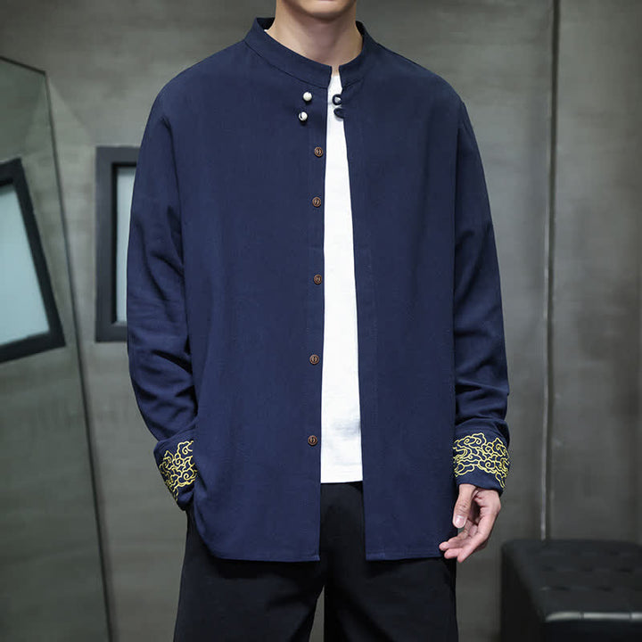 Buddha Stones Camisas de manga larga para hombre, estilo Tang, informales, con cuello mandarín, bordado de nubes auspiciosas y puños lisos, ideales para otoño e invierno. - Azul medianoche - US/UK/AU46, EU56 (5XL) - image 0