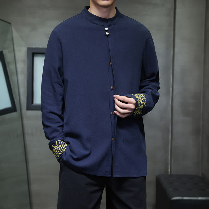 Buddha Stones Camisas de manga larga para hombre, estilo Tang, informales, con cuello mandarín, bordado de nubes auspiciosas y puños lisos, ideales para otoño e invierno. - image 10