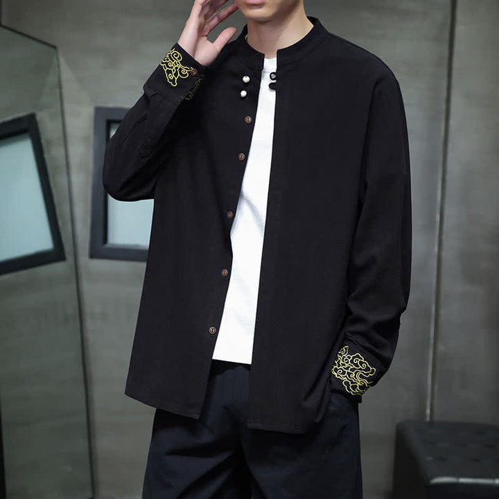 Buddha Stones Camisas de manga larga para hombre, estilo Tang, informales, con cuello mandarín, bordado de nubes auspiciosas y puños lisos, ideales para otoño e invierno. - image 12