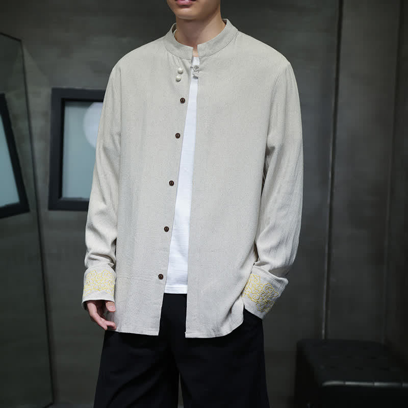 Buddha Stones Camisas de manga larga para hombre, estilo Tang, informales, con cuello mandarín, bordado de nubes auspiciosas y puños lisos, ideales para otoño e invierno. - Beige - US/UK/AU46, EU56 (5XL) - image 16