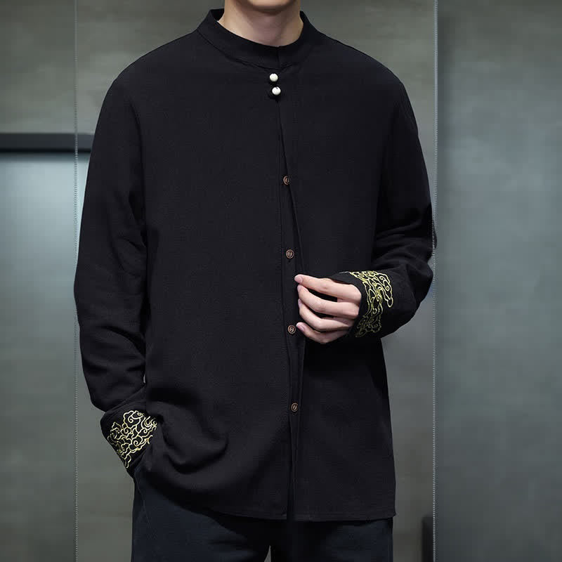 Buddha Stones Camisas de manga larga para hombre, estilo Tang, informales, con cuello mandarín, bordado de nubes auspiciosas y puños lisos, ideales para otoño e invierno. - image 13