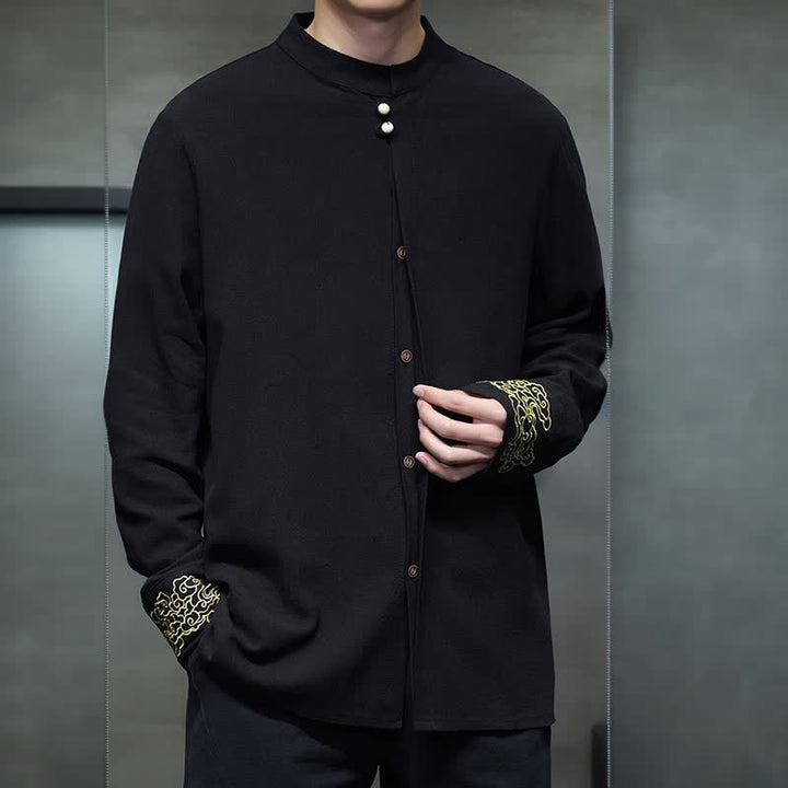 Buddha Stones Camisas de manga larga para hombre, estilo Tang, informales, con cuello mandarín, bordado de nubes auspiciosas y puños lisos, ideales para otoño e invierno. - image 13