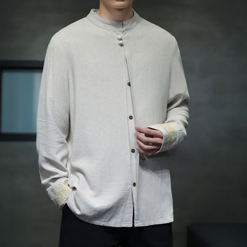 Buddha Stones Camisas de manga larga para hombre, estilo Tang, informales, con cuello mandarín, bordado de nubes auspiciosas y puños lisos, ideales para otoño e invierno. - image 17
