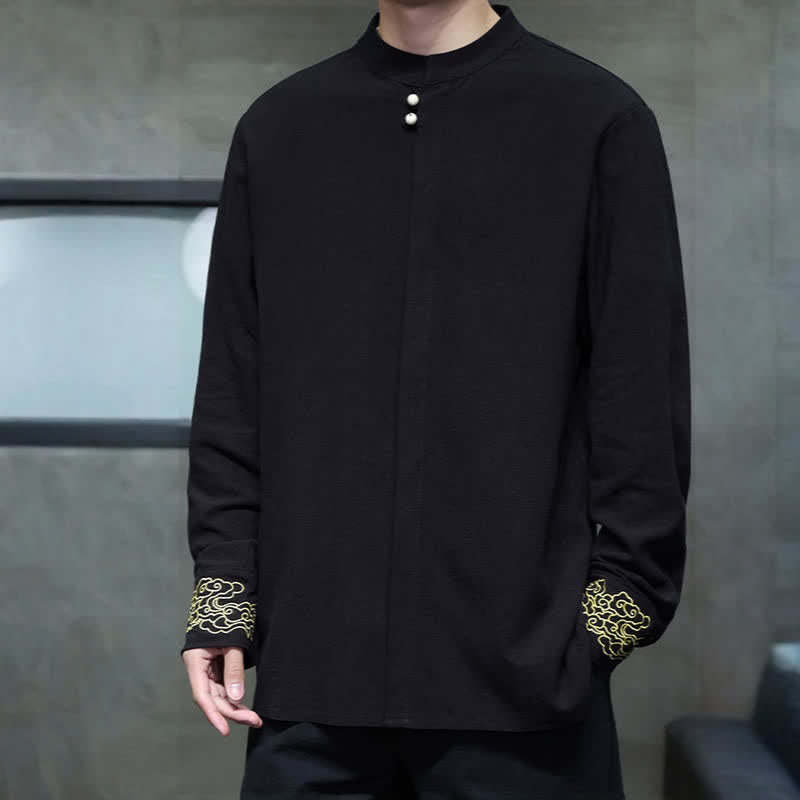 Buddha Stones Camisas de manga larga para hombre, estilo Tang, informales, con cuello mandarín, bordado de nubes auspiciosas y puños lisos, ideales para otoño e invierno. - image 15