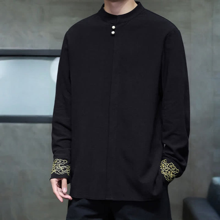 Buddha Stones Camisas de manga larga para hombre, estilo Tang, informales, con cuello mandarín, bordado de nubes auspiciosas y puños lisos, ideales para otoño e invierno. - image 15