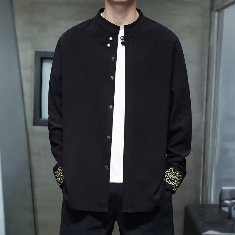 Buddha Stones Camisas de manga larga para hombre, estilo Tang, informales, con cuello mandarín, bordado de nubes auspiciosas y puños lisos, ideales para otoño e invierno. - image 14