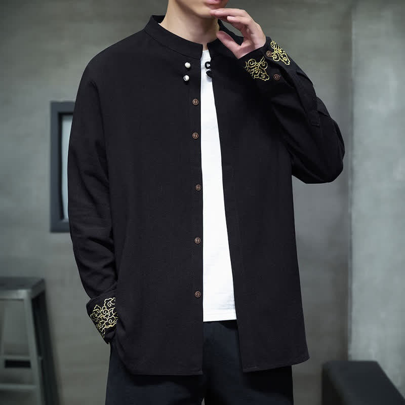 Buddha Stones Camisas de manga larga para hombre, estilo Tang, informales, con cuello mandarín, bordado de nubes auspiciosas y puños lisos, ideales para otoño e invierno. - Negro - US/UK/AU46, EU56 (5XL) - image 11