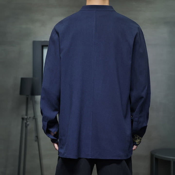 Buddha Stones Camisas de manga larga para hombre, estilo Tang, informales, con cuello mandarín, bordado de nubes auspiciosas y puños lisos, ideales para otoño e invierno. - image 4