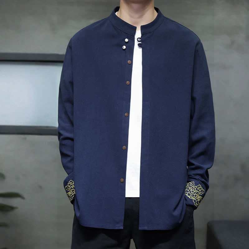 Buddha Stones Camisas de manga larga para hombre, estilo Tang, informales, con cuello mandarín, bordado de nubes auspiciosas y puños lisos, ideales para otoño e invierno. - image 8