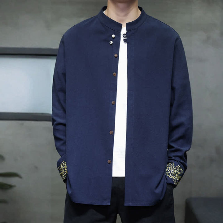 Buddha Stones Camisas de manga larga para hombre, estilo Tang, informales, con cuello mandarín, bordado de nubes auspiciosas y puños lisos, ideales para otoño e invierno. - image 8