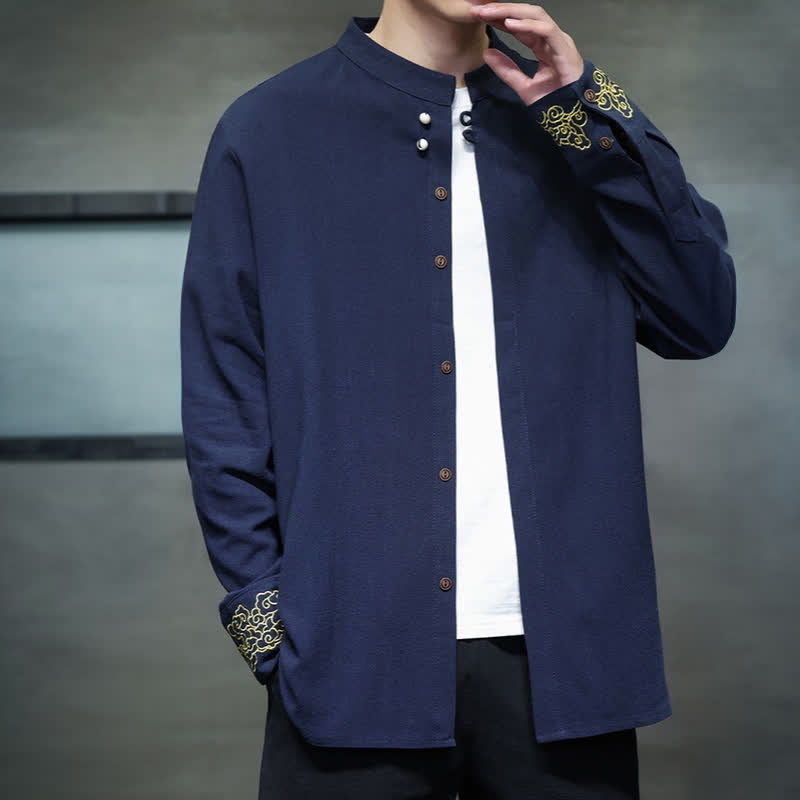 Buddha Stones Camisas de manga larga para hombre, estilo Tang, informales, con cuello mandarín, bordado de nubes auspiciosas y puños lisos, ideales para otoño e invierno. - image 9