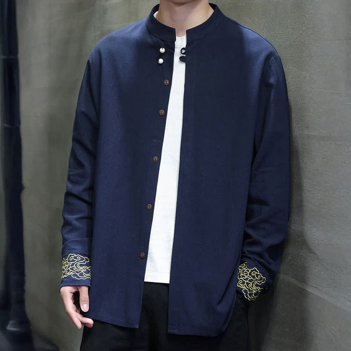 Buddha Stones Camisas de manga larga para hombre, estilo Tang, informales, con cuello mandarín, bordado de nubes auspiciosas y puños lisos, ideales para otoño e invierno. - image 7