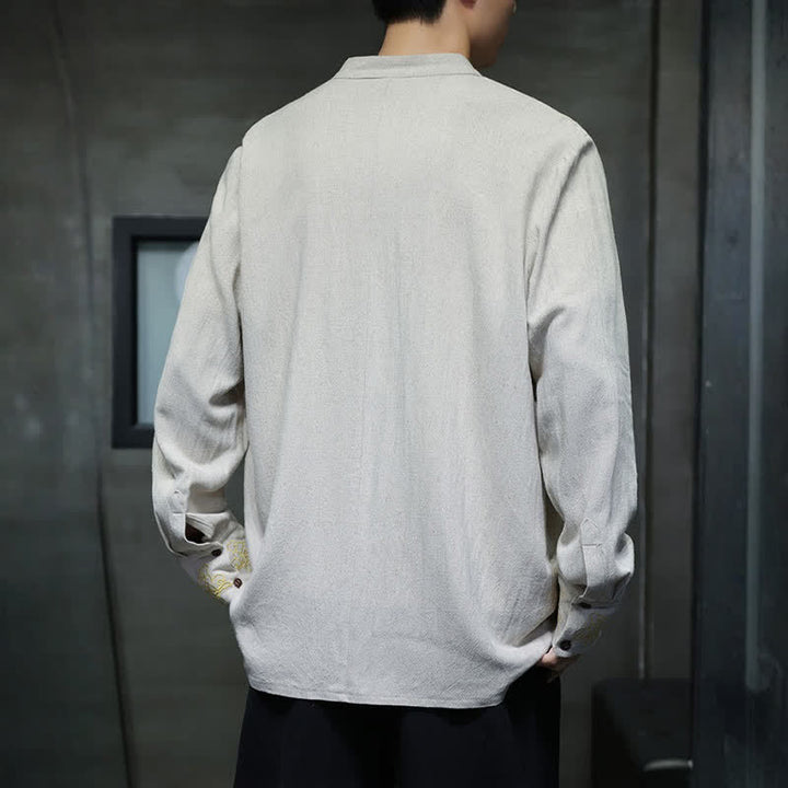 Buddha Stones Camisas de manga larga para hombre, estilo Tang, informales, con cuello mandarín, bordado de nubes auspiciosas y puños lisos, ideales para otoño e invierno. - image 19