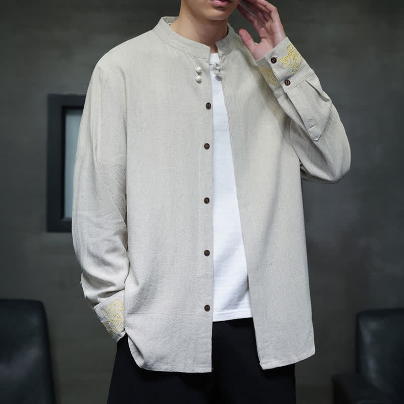 Buddha Stones Camisas de manga larga para hombre, estilo Tang, informales, con cuello mandarín, bordado de nubes auspiciosas y puños lisos, ideales para otoño e invierno. - image 20