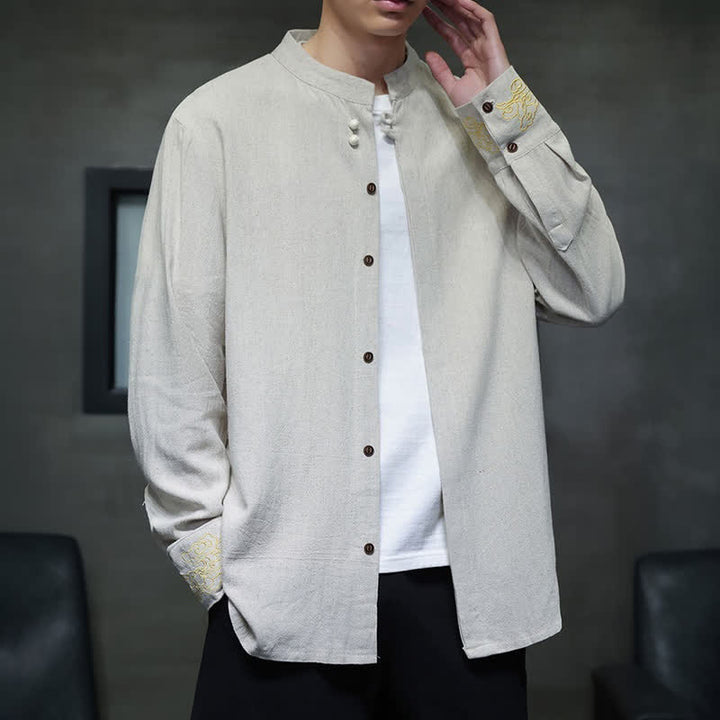 Buddha Stones Camisas de manga larga para hombre, estilo Tang, informales, con cuello mandarín, bordado de nubes auspiciosas y puños lisos, ideales para otoño e invierno. - image 20