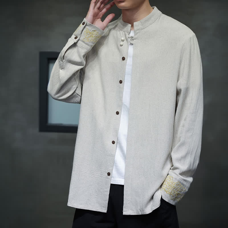 Buddha Stones Camisas de manga larga para hombre, estilo Tang, informales, con cuello mandarín, bordado de nubes auspiciosas y puños lisos, ideales para otoño e invierno. - image 18