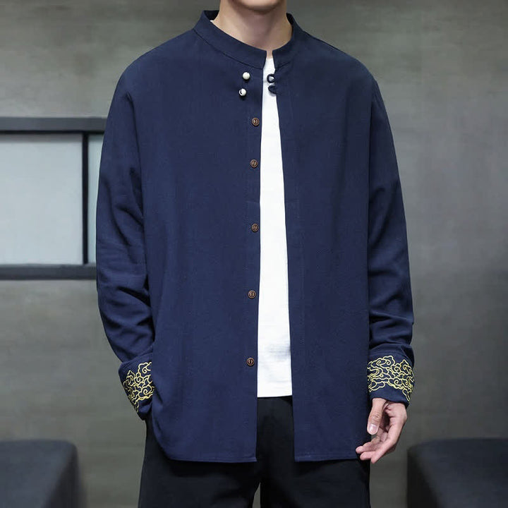 Buddha Stones Camisas de manga larga para hombre, estilo Tang, informales, con cuello mandarín, bordado de nubes auspiciosas y puños lisos, ideales para otoño e invierno. - image 1