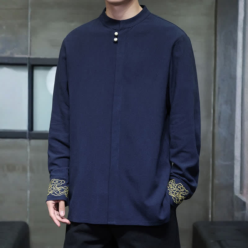 Buddha Stones Camisas de manga larga para hombre, estilo Tang, informales, con cuello mandarín, bordado de nubes auspiciosas y puños lisos, ideales para otoño e invierno. - image 2
