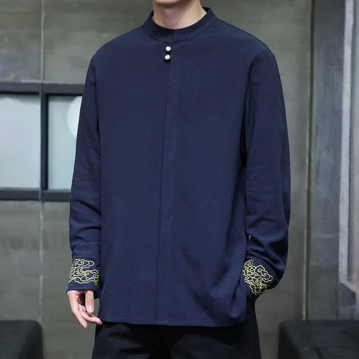 Buddha Stones Camisas de manga larga para hombre, estilo Tang, informales, con cuello mandarín, bordado de nubes auspiciosas y puños lisos, ideales para otoño e invierno. - image 2