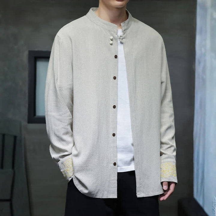 Buddha Stones Camisas de manga larga para hombre, estilo Tang, informales, con cuello mandarín, bordado de nubes auspiciosas y puños lisos, ideales para otoño e invierno. - image 21