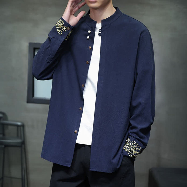 Buddha Stones Camisas de manga larga para hombre, estilo Tang, informales, con cuello mandarín, bordado de nubes auspiciosas y puños lisos, ideales para otoño e invierno. - image 3