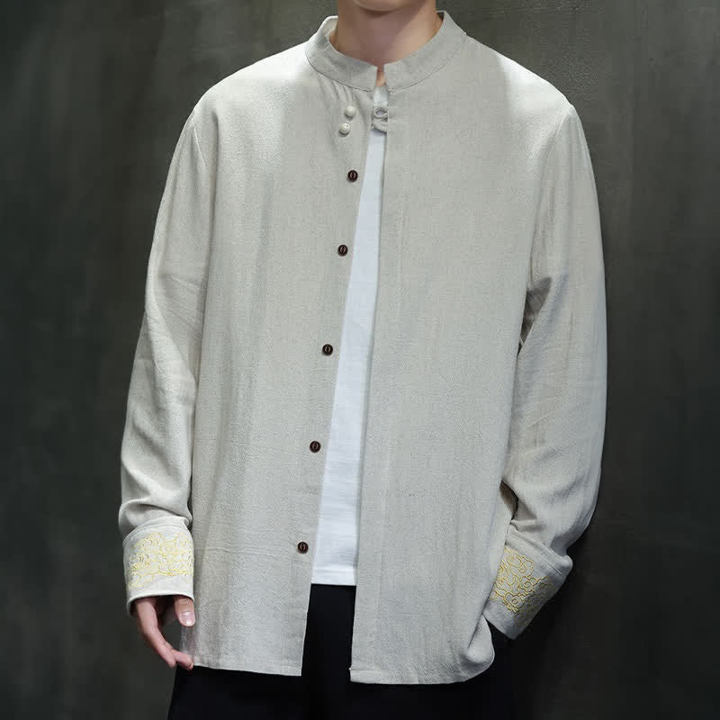 Buddha Stones Camisas de manga larga para hombre, estilo Tang, informales, con cuello mandarín, bordado de nubes auspiciosas y puños lisos, ideales para otoño e invierno. - image 22