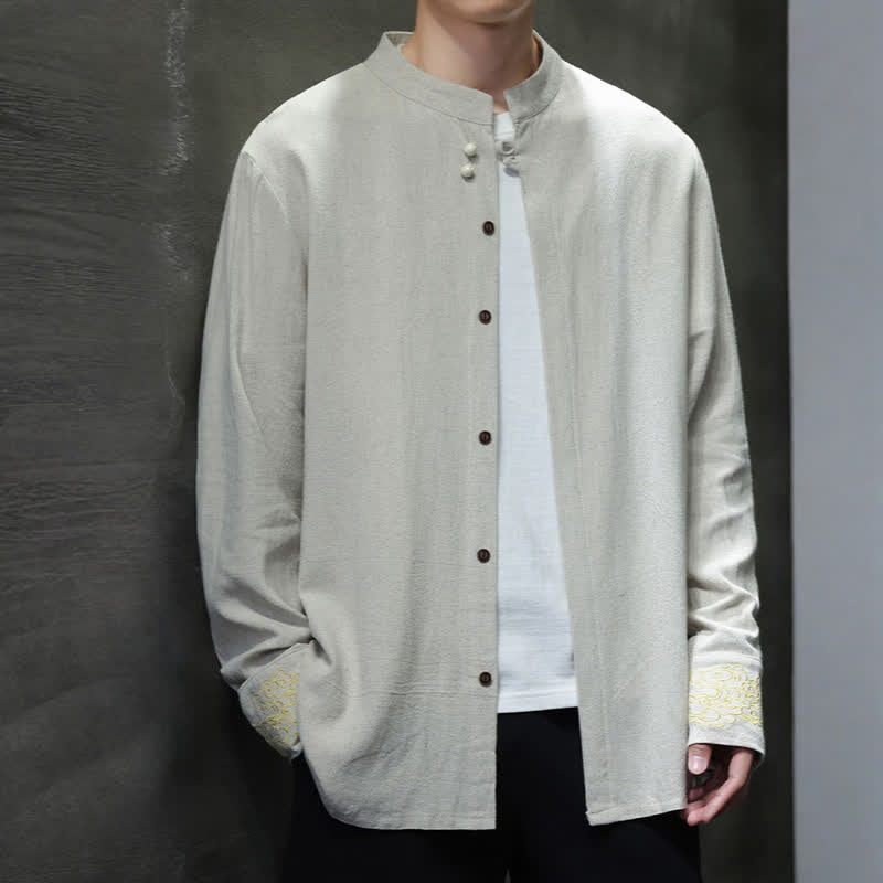 Buddha Stones Camisas de manga larga para hombre, estilo Tang, informales, con cuello mandarín, bordado de nubes auspiciosas y puños lisos, ideales para otoño e invierno. - image 23