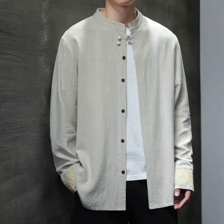 Buddha Stones Camisas de manga larga para hombre, estilo Tang, informales, con cuello mandarín, bordado de nubes auspiciosas y puños lisos, ideales para otoño e invierno. - image 23