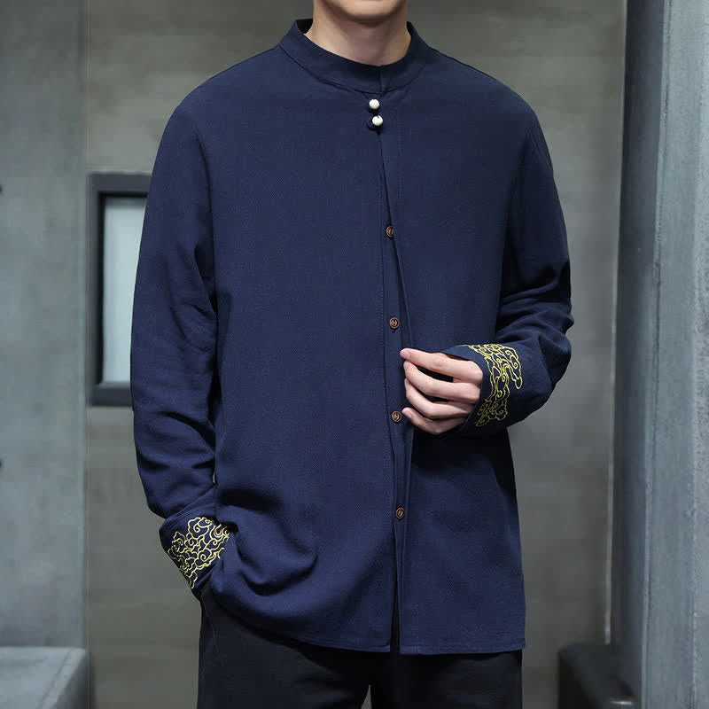 Buddha Stones Camisas de manga larga para hombre, estilo Tang, informales, con cuello mandarín, bordado de nubes auspiciosas y puños lisos, ideales para otoño e invierno. - image 6