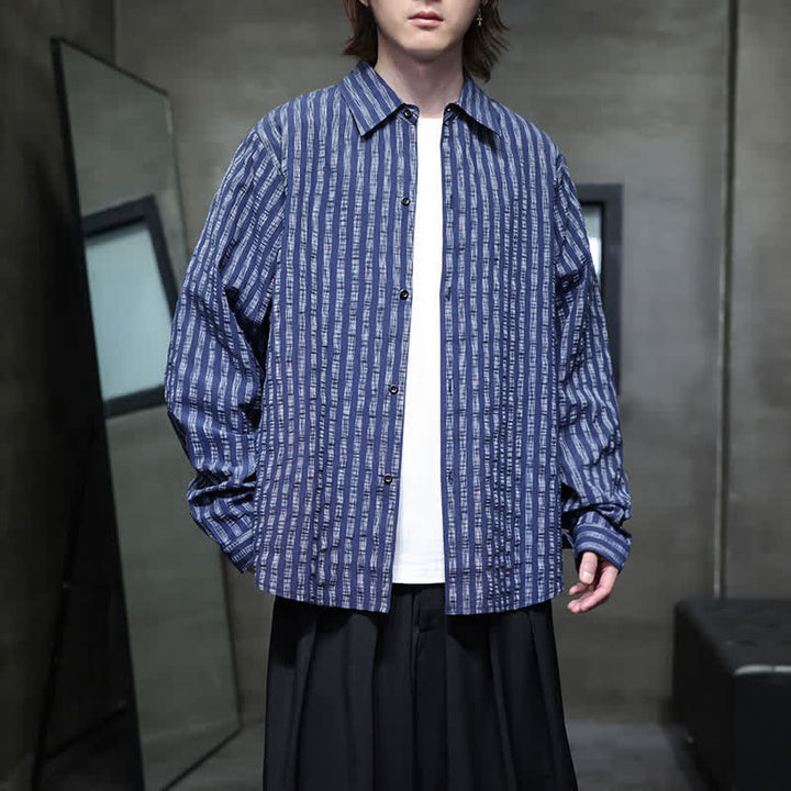 Buddha Stones Camisas de manga larga a rayas con botones, estilo casual de otoño para hombre. - Marina de guerra - US/UK/AU46, EU56 (5XL) - image 0