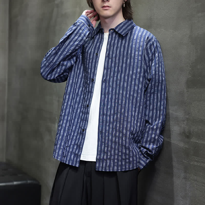 Buddha Stones Camisas de manga larga a rayas con botones, estilo casual de otoño para hombre. - image 7