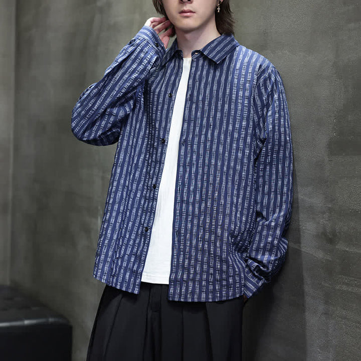 Buddha Stones Camisas de manga larga a rayas con botones, estilo casual de otoño para hombre. - image 7