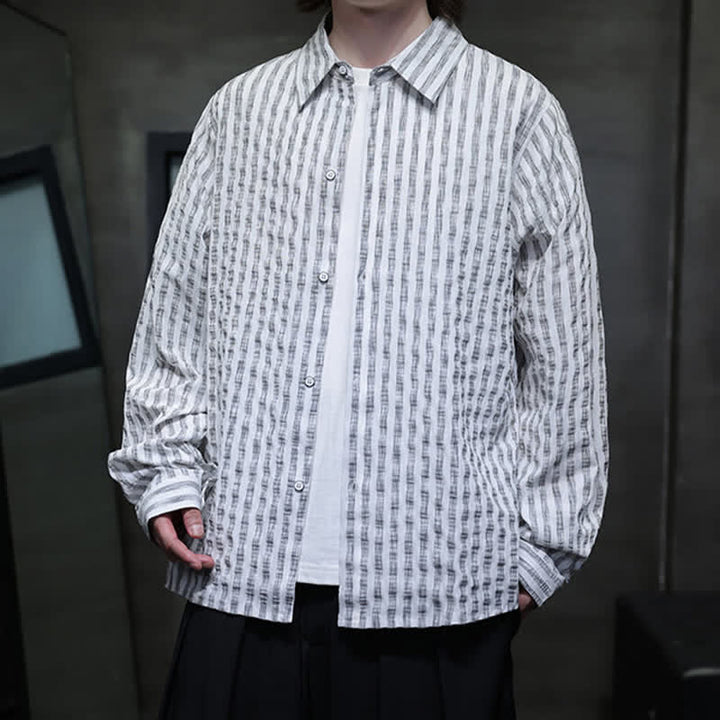 Buddha Stones Camisas de manga larga a rayas con botones, estilo casual de otoño para hombre. - image 14