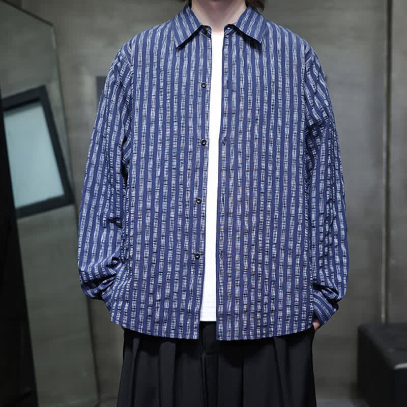 Buddha Stones Camisas de manga larga a rayas con botones, estilo casual de otoño para hombre. - image 3