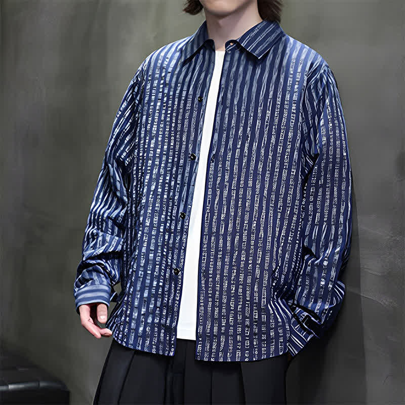 Buddha Stones Camisas de manga larga a rayas con botones, estilo casual de otoño para hombre. - image 6