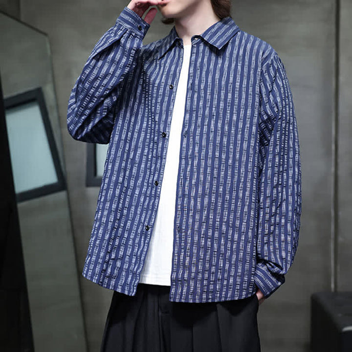 Buddha Stones Camisas de manga larga a rayas con botones, estilo casual de otoño para hombre. - image 8